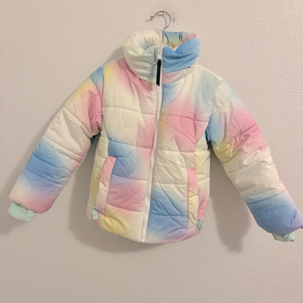All In Motion Puffer Rainbow Pastel Multi-Colored Jacket w/Hood. Size XS…